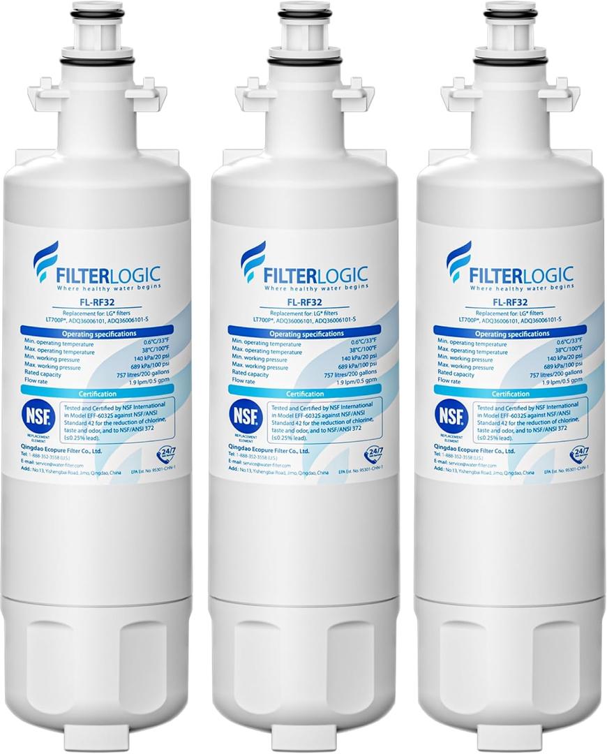 Filterlogic 469690 ADQ36006101 Refrigerator Water Filter, Replacement for LG LT700P, Kenmore 9690, 46-9690, 469690, ADQ36006102, LT700PC, WSL-3, LFXS30766S, LFXC24726D, Pack of 3