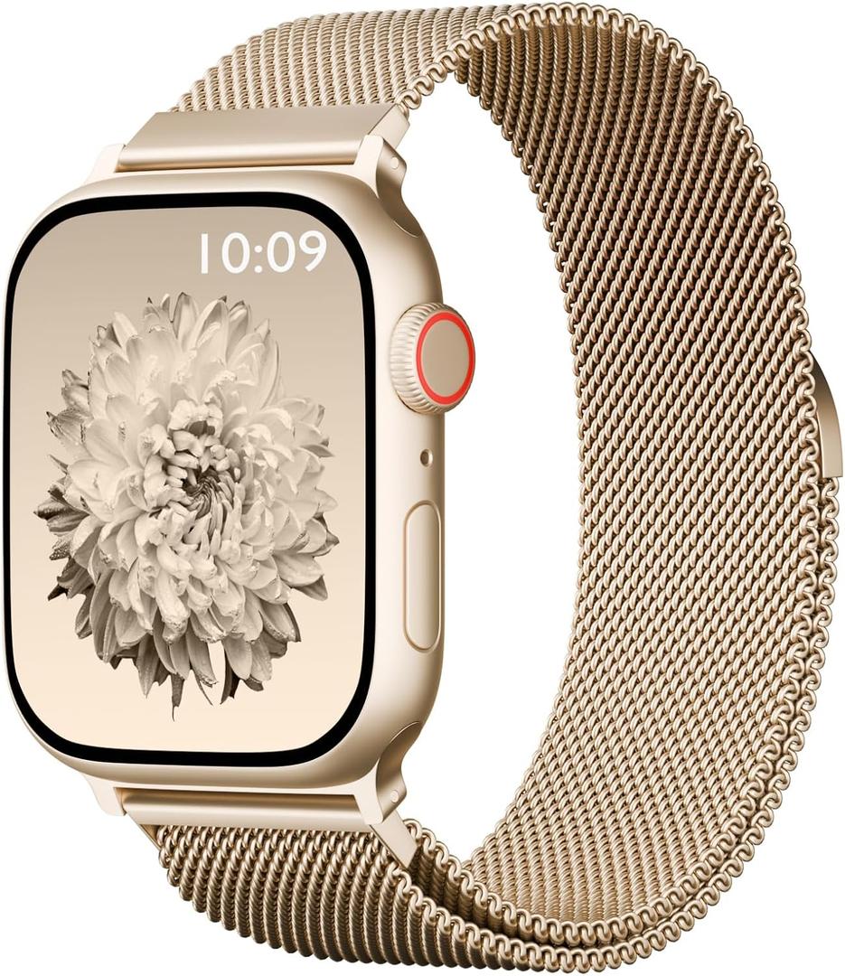 Magnetic Mesh Metal Compatible with Apple Watch Band 49mm 46mm 45mm 44mm 42mm 41mm 40mm 38mm Men and Women, Stainless Steel Loop Clasp Replacement for iWatch Bands Ultra Series 10 9 8 7 SE 6 5 4 3 2 1 (Champagne Gold)