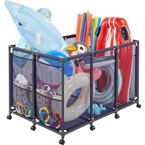 VEVOR Pool Storage Bin, 48.8 x 32.7 x 32.7 in, Rolling Pool Float Storage Organizer with Side Pockets & Casters, Heavy Duty Metal Frame, Poolside Toys Noodles Holder Mesh Basket for Swimming Pools