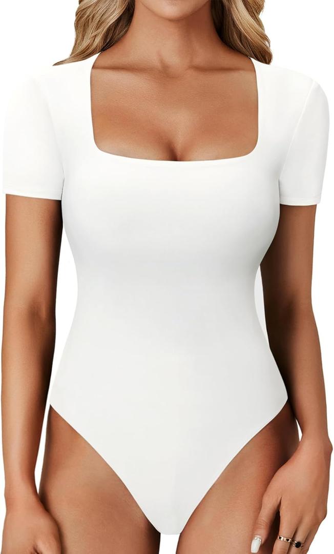 LYANER Women's Square Neck Bodysuit Short Sleeve Sexy Slim Fit Shirt Leotard Top, Size M (White)