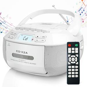 Greadio CD Player Boombox Cassette Player Combo with Bluetooth,AM/FM Radio,Stereo Sound with Remote Control,AUX/USB Drive,Tape Recording, AC/DC Powered, Headphone Jack, LCD Display for Home, Kids, Gift (White)