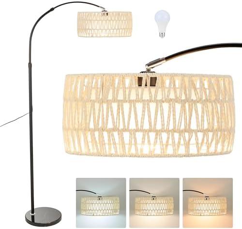 Arc Floor Lamp for Living Room, Stylish Rattan Boho Floor Lamp with 3 Color Temperature Dimmable LED Bulb, Farmhouse Tall Lamp, Arched Standing Lamp for Office Bedroom Living Room Corner (Beige)