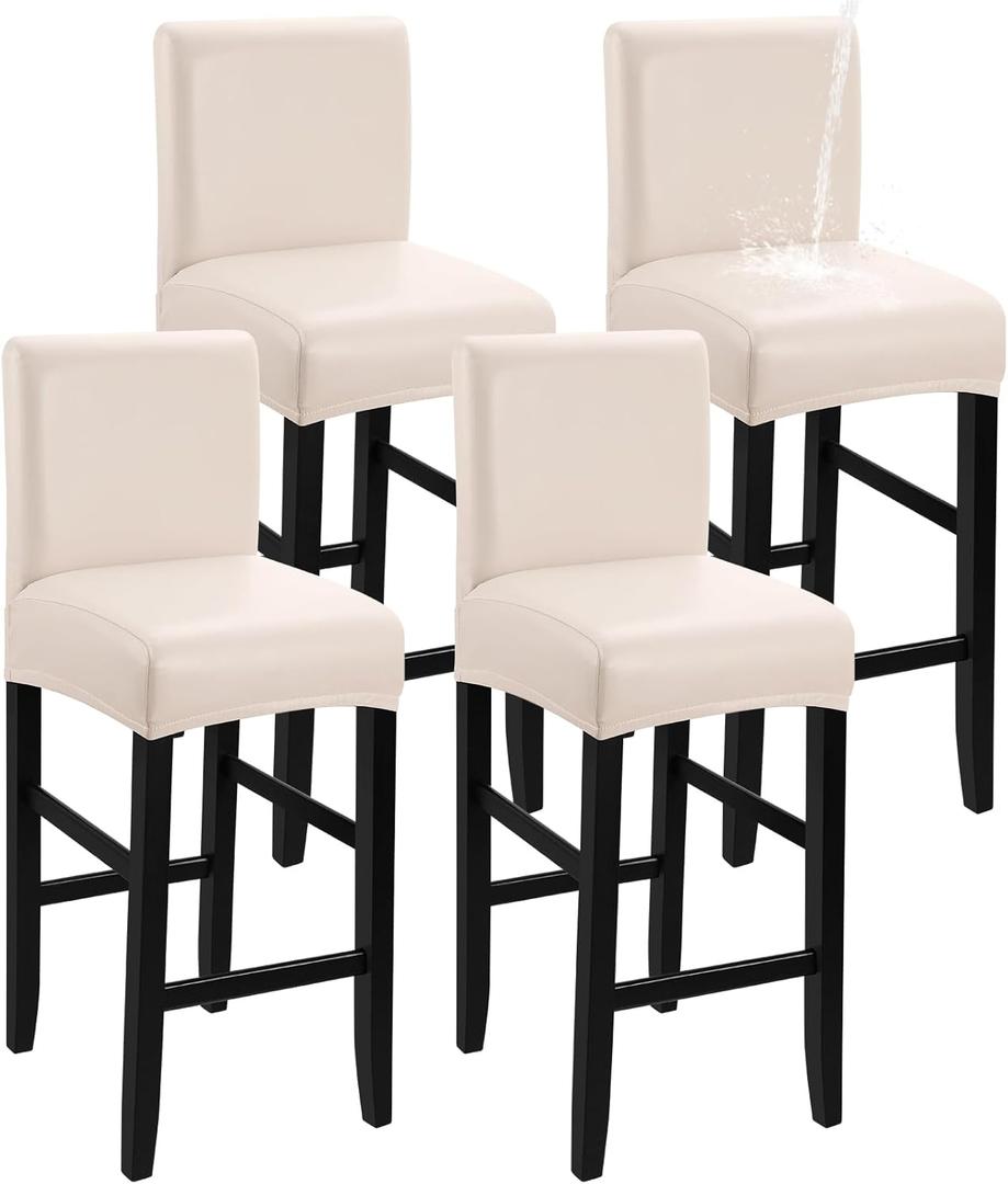 YISUN Waterproof Bar Stool Covers, Pu Leather Counter Chair Cover Removable Washable Barstool Slipcovers, Stretch Pub Tall Chair Covers with Backs (4 Pack, Pale Beige)