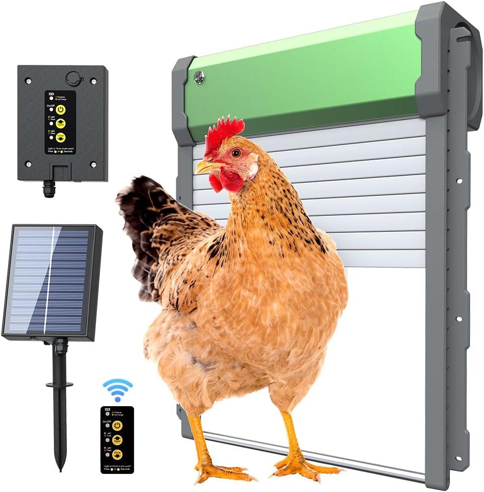 Automatic Chicken Coop Door Solar-Powered Chicken Coop Door with Remote Control - Smart Timer & Light Sensor, Anti-Pinch Safety Design, Large Weatherproof Entry for Poultry (Green)