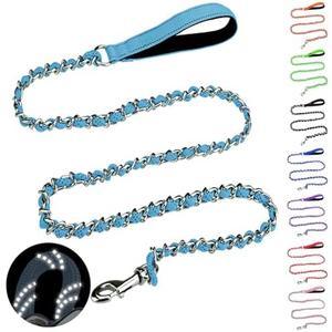 HOMIMP Chew Proof Dog Leash for Medium Large Dogs, Reflective 6 FT Heavy Duty Metal Chain Dog Leashes with Soft Padded Handle, Anti Bite Durable Rope Leashes for Pitbull, Non Chewable, Light Blue