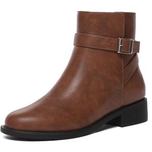 Athlefit Women's Ankle Boots Chunky Low Heel Fashion Round Toe Side Zipper Buckle Booties (8, Brown)