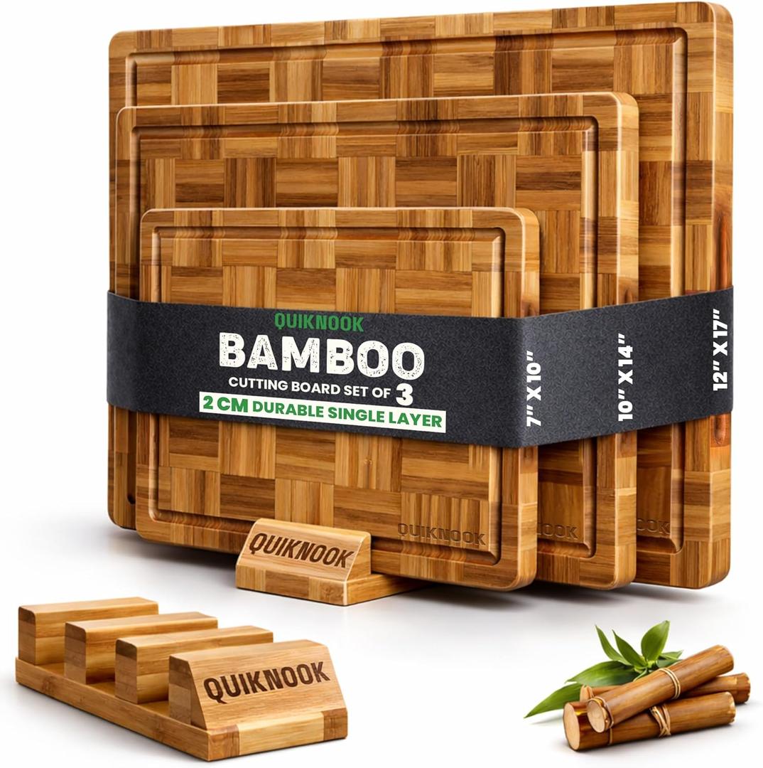 Bamboo Cutting Board Set of 3 with Holder | Deep Juice Groove for Meat Veggies & Fruits | Heavy-Duty Knife-Safe Bamboo Wood Cutting Boards for Kitchen Prep | Non-Slip End Grain Chopping Block