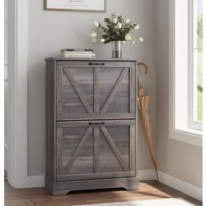 Shoe Cabinet, Shoe Storage Cabinet for Entryway with 2 Flip Drawers, Narrow Farmhouse Shoe Organizer Cabinet, Slim Shoe Rack Cabinet, Gery, Width - 23.6 inches