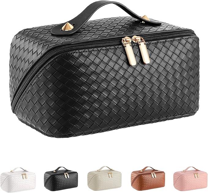 Large Capacity Travel Cosmetic Bag  PU Leather Makeup Organizer Bag Portable Woven Makeup Bags for Women Waterproof Travel Toiletry Bag with Divider Pouch, Black