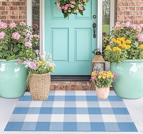 Light Blue and White Front Door Mat 24''X35'' Buffalo Plaid Checked Front Porch Rug Cotton Woven Washable Rug Layering Doormat for Welcome Door Mat Entryway Dining Room Bedroom Living Room