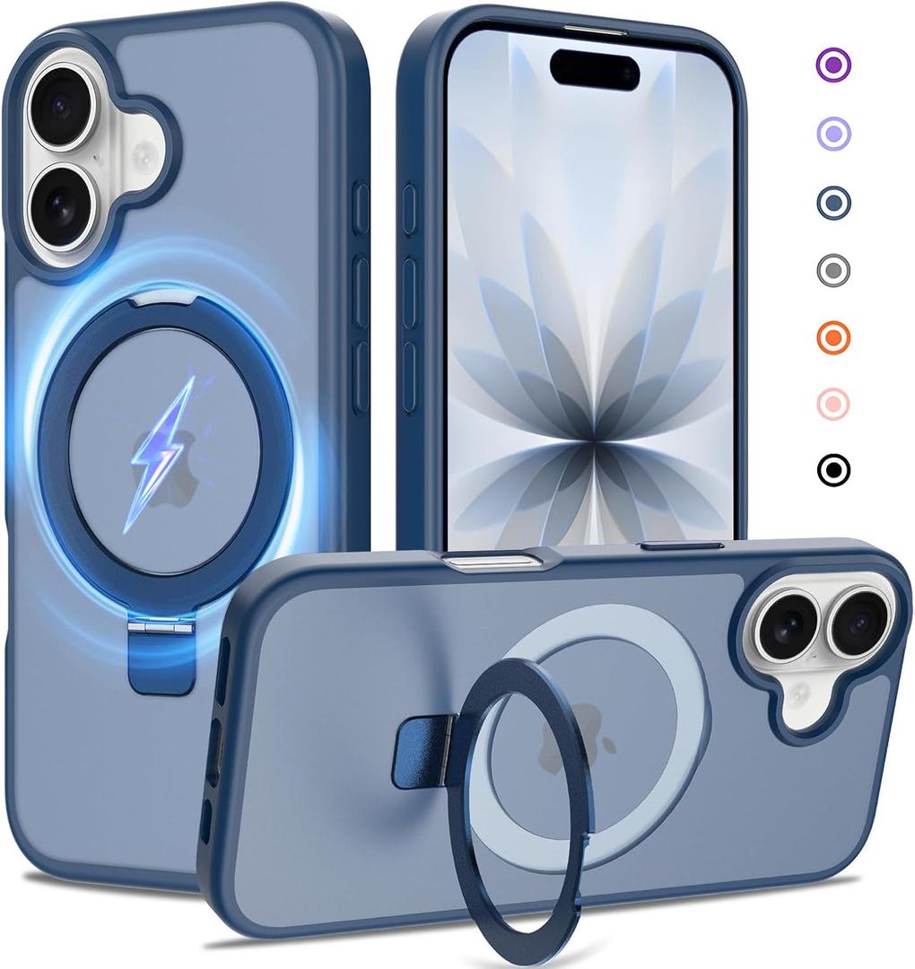 Ultra-Magnetic Stand for iPhone 17 Case [Military Drop Protection] [Compatible with MagSafe] Shockproof Translucent Matte Slim Ring Holder Case for iPhone 17 (Blue)