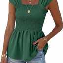 HEYTALALA Womens Cap Sleeve Peplum Tops Square Neck Smocked Babydoll Blouse Ruffle Loose Fit Tunic Top Dressy Tee Shirts (Green, M)