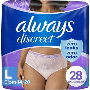 Always Discreet Adult Incontinence Underwear for Women and Postpartum Underwear, L, Up to 100% Bladder Leak Protection, 28 Count (Packaging May Vary) (Large)