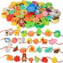 BMTOYS Montessori Educational Threading Toys Wooden Stringing Farm Animals Fruits Lacing Beads Preschool Toy for Toddler 3 4 5 Year Old Boys Girls (Rainbow)