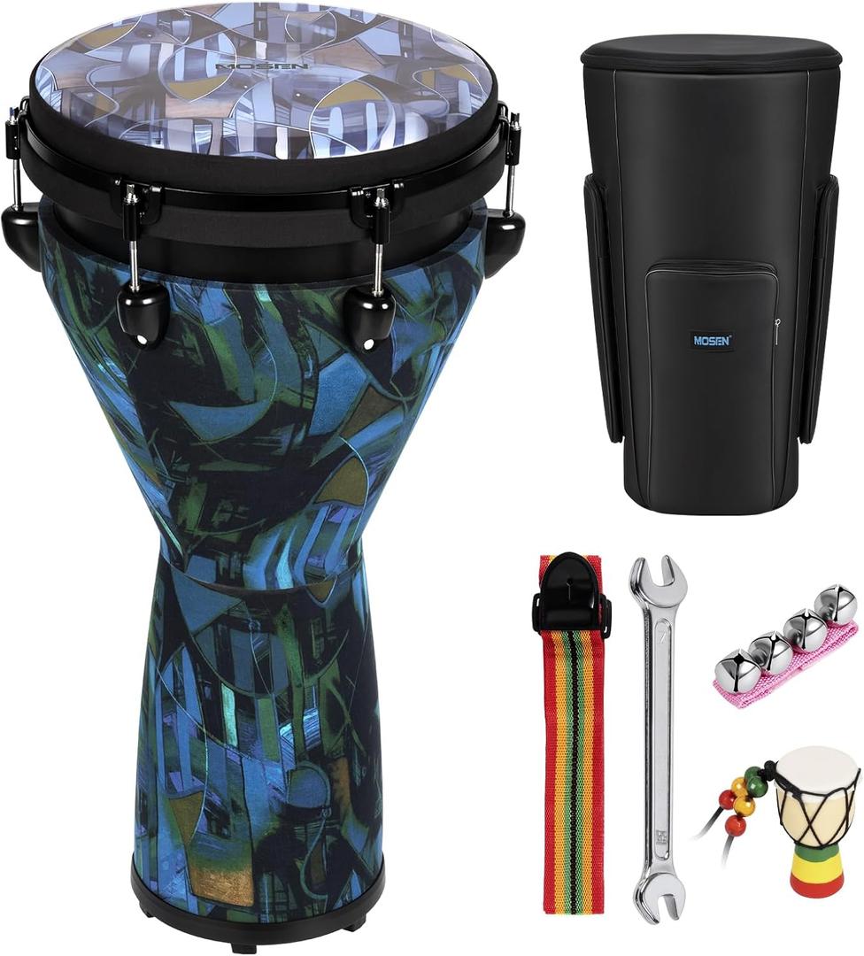 MOSEN Freestyle Mechanically Tuned 12-Inch Djembe, Carbon Fiber Hand Drum, Professional Africa Drum with drum Strap, Wrist Bells, Pendant (Starry Blue)
