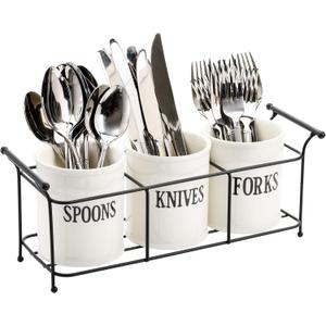 Bekith 3-Piece White Ceramic Silverware Caddy with Black Metal Rack, Utensil Holder Flatware Caddy Cutlery Storage Organizer for Kitchen Table, Cabinet or Pantry