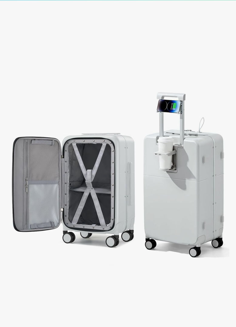 Hanke 20 Inch Carry On Luggage with Cup Holder and Charge,Top Opening Hard Shell Suitcases with Wheels and Dividers,Aluminum Frame Trunk Luggage Small Suitcase with Lock for Travel,Smoke White