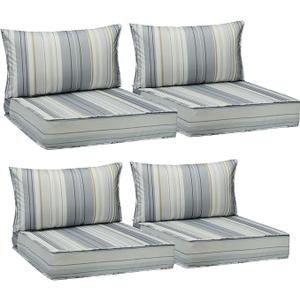 AAAAAcessories Outdoor Seat Cushions for Chairs, Fade-Resistant, Waterproof Patio Furniture Replacement Cushions, 25.5" x 25.5" x 5" + 25.5" x 13.5", Set of 4, Stormy Teal Coastal Stripe
