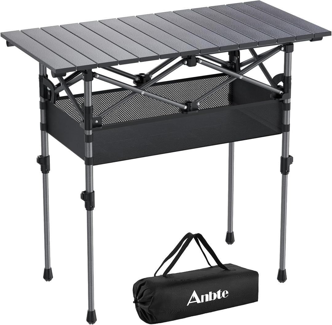 Anbte 3ft Aluminum Roll Top Camping Table, 2 Adjustable Height Camping Table Folding with Storage Net & Bag Lightweight Roll Up Table for Tailgate Outdoor Backyard BBQ Patio Picnic, 32.2 X 16, Black