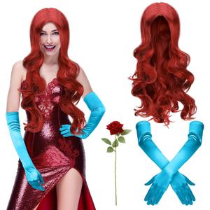 3 Pcs Halloween Rabbit Costume for Women Include Red Wig Blue Long Gloves Red Rose for Women Dress Cosplay Party