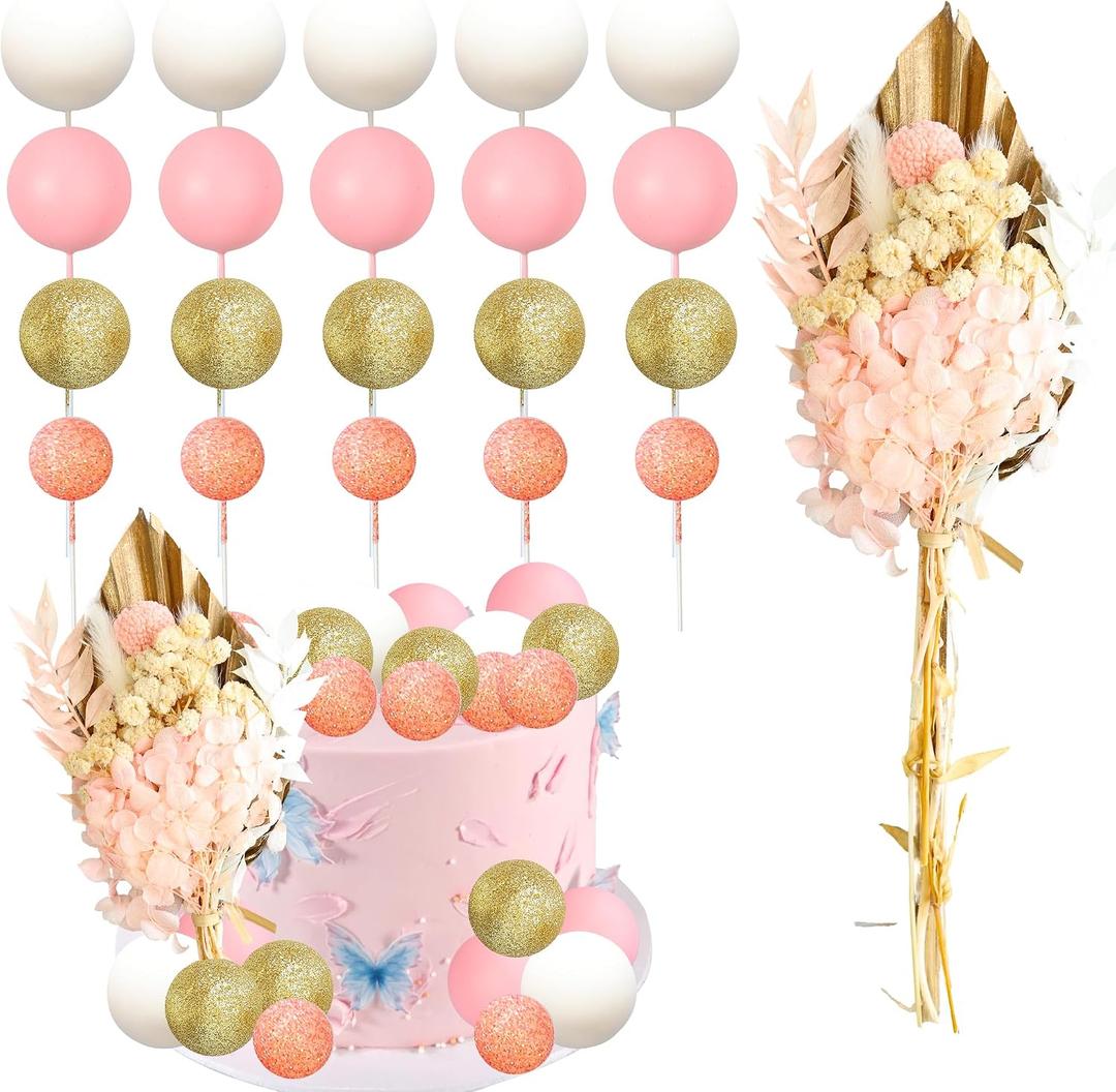 Ephlyn 21Pcs Ball Cake Toppers Flower Palm Leaf Cake Decorations for Bohemian Theme Boho Birthday Wedding Baby Shower Party Supplies Gold Pink