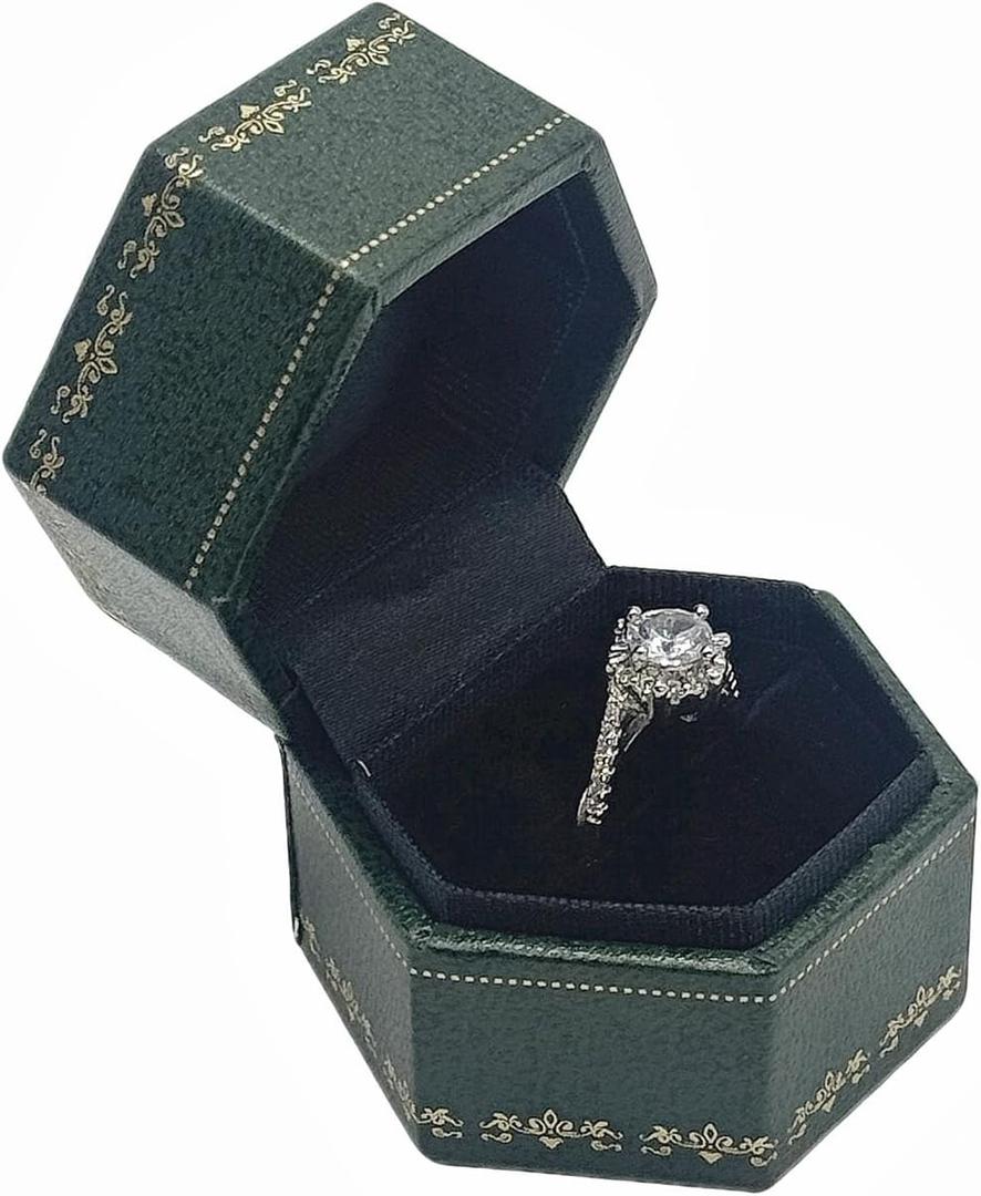 Velvet Ring Box - Octagon Engagement Ring Box with Hinged Lid for Proposal Engagement Wedding, Proposal Ring Case Jewelry Box with Gold Lace PRB020-Dark Green
