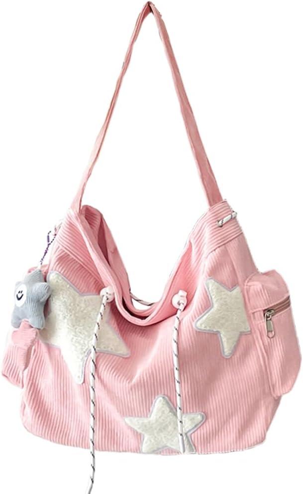 KAMEILONG Star Crossbody Bag Women Corduroy Tote Bag Aesthetic Messenger Bag Cute Shoulder Bag Y2K Hobo Bag (Pink)