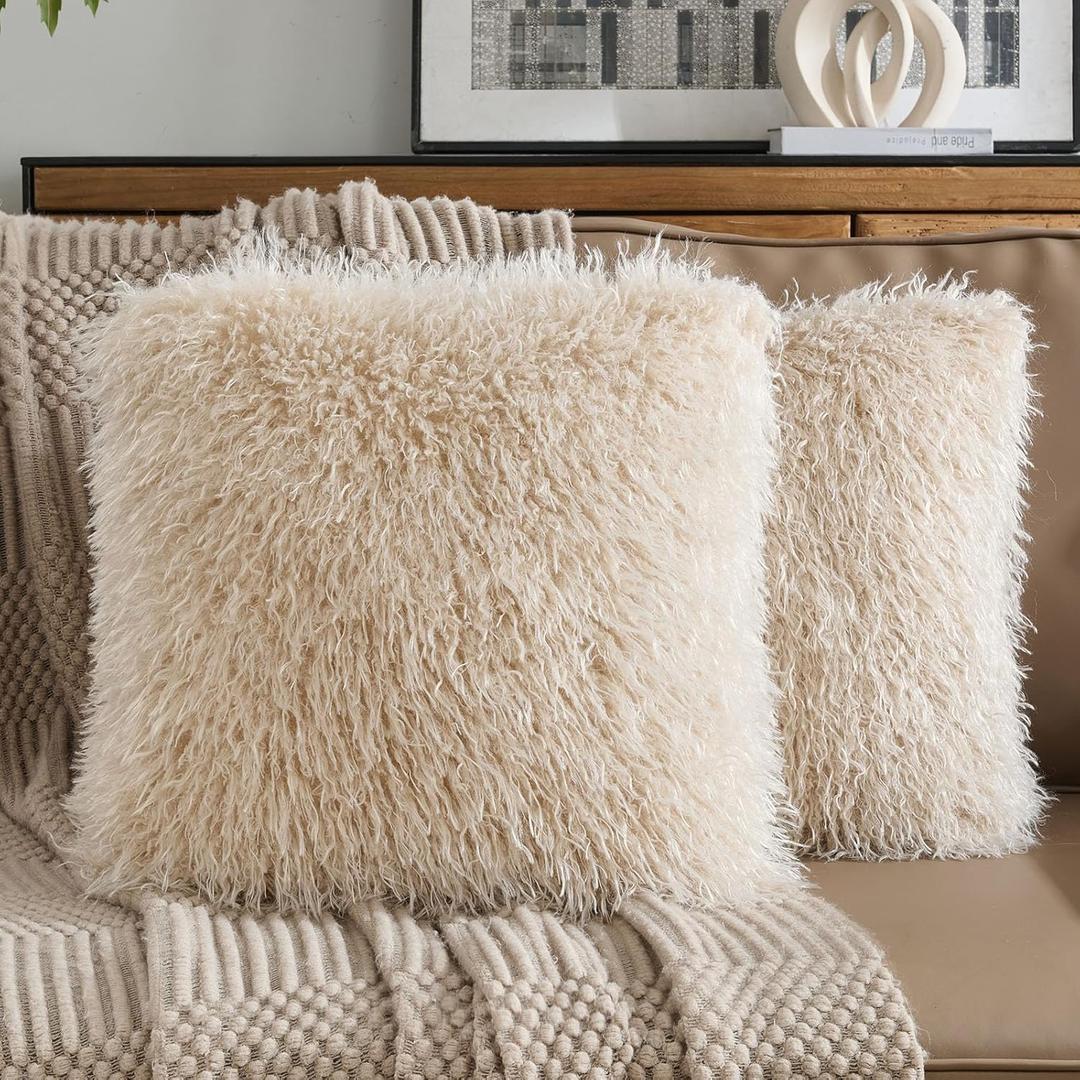 FUTEI Beige Decorative Throw Pillow Covers 18x18 Inch Set of 2,Soft Faux Fine Wool Textured Cushion Case,Luxury Home Decor for Couch Bed Living Room