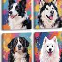 Framed Colorful Dog Canvas Wall Art, 8x10 Inch Set of 4 Pet Printing, Border Collie, Samoyed, Alaskan Malamute, Bernese Mountain Dog Prints