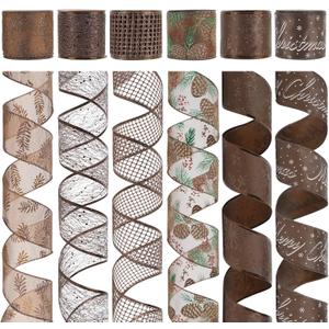 HUIHUANG Brown Wired Ribbon for Christmas Tree Pine Cone Ribbon Wired Brown Glitter Christmas Ribbons for Bows, Wreaths, Garland, Wrapping Crafts, Fall Decorations (2.5" x 6 Rolls, 36 Yds Total)