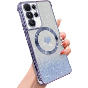 ZONRW for Samsung Galaxy S21 Ultra Case Magnetic,for Women Girl Soft Luxury Plating Bling Gradient Glitter Cute Heart Cover Compatible with MagSafe Clear Shockproof Protective Phone Case 6.8-Blue