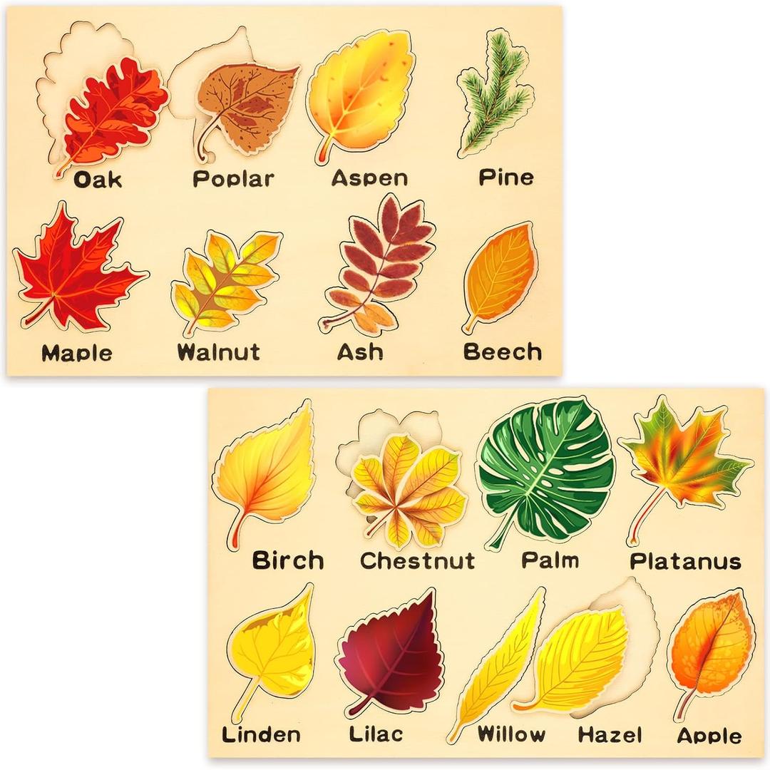 Kathfly 2 Pieces Leaf Wooden Jigsaw Puzzles Leaf Puzzle Montessori Gift Early Educational Learning for Birthday Gift Early Education Materials(Cute)
