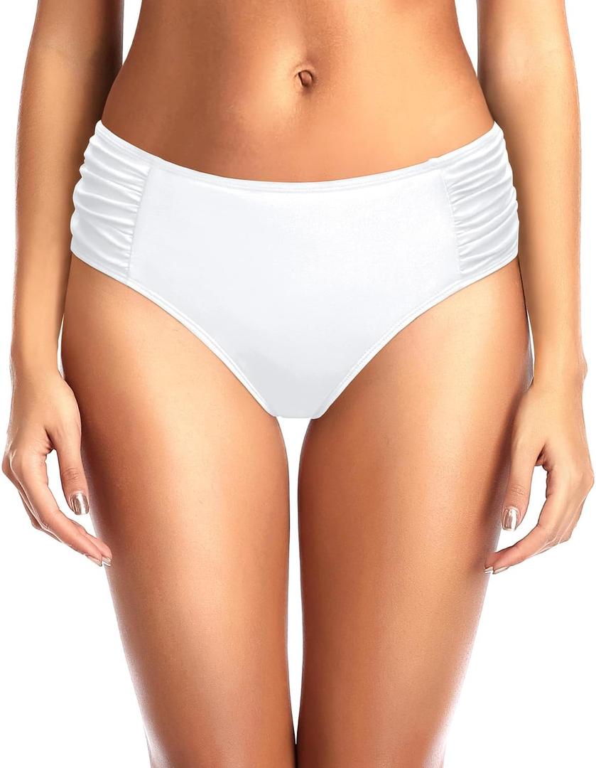 Tempt Me Women Bikini Bottoms Mid Waist Bathing Suit Swimsuit Ruched Swim Bottom (White) M