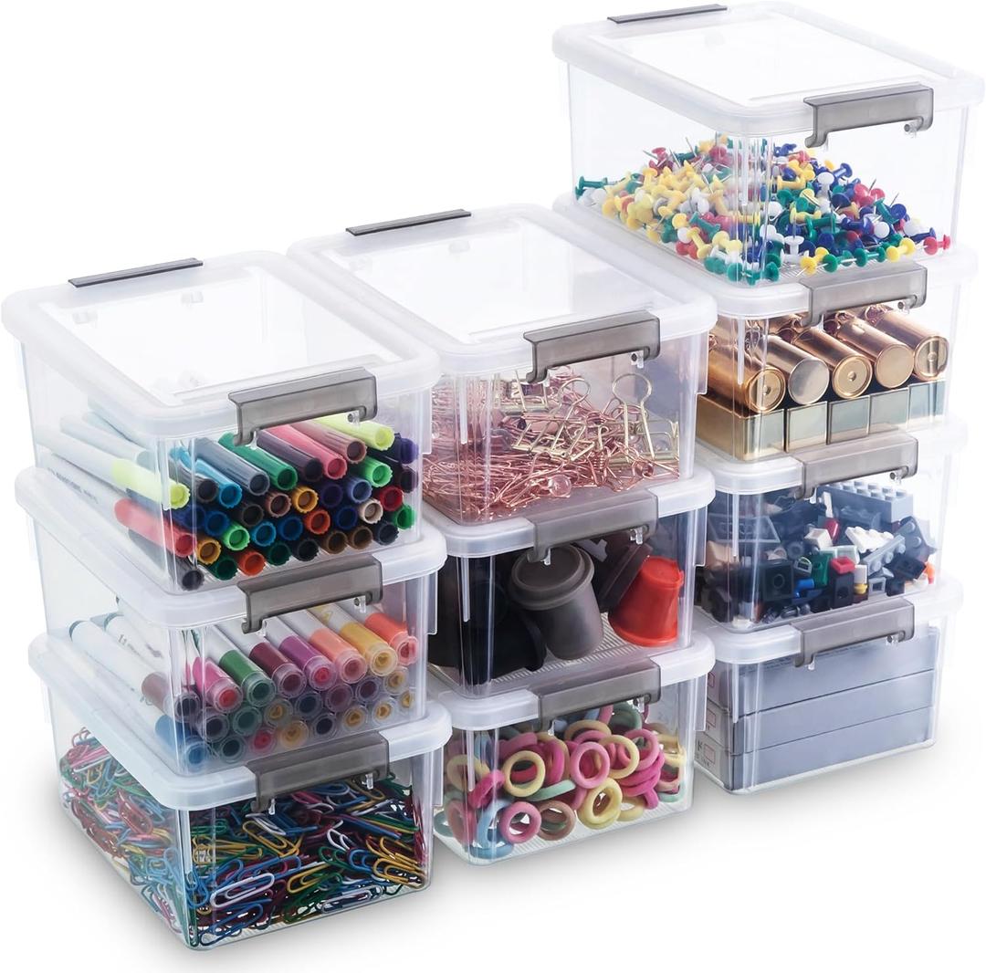 Citylife 1.3 QT 10 Pack Small Storage Bins Plastic Storage Container Stackable Box with Lids for Organizing, Clear White (10 PCS, Clear white)