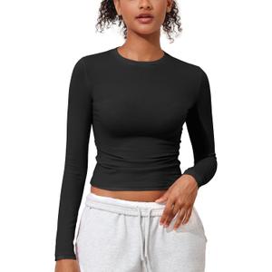 Women's Basic Long Sleeve Cotton Shirts Tight Fit Fall Crewneck Trendy Y2K Crop Tops (Medium, Black)