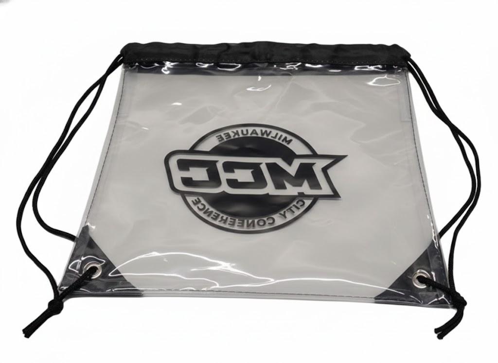 Small drawstring bag, clear bag, black straps, logo, 10 pack