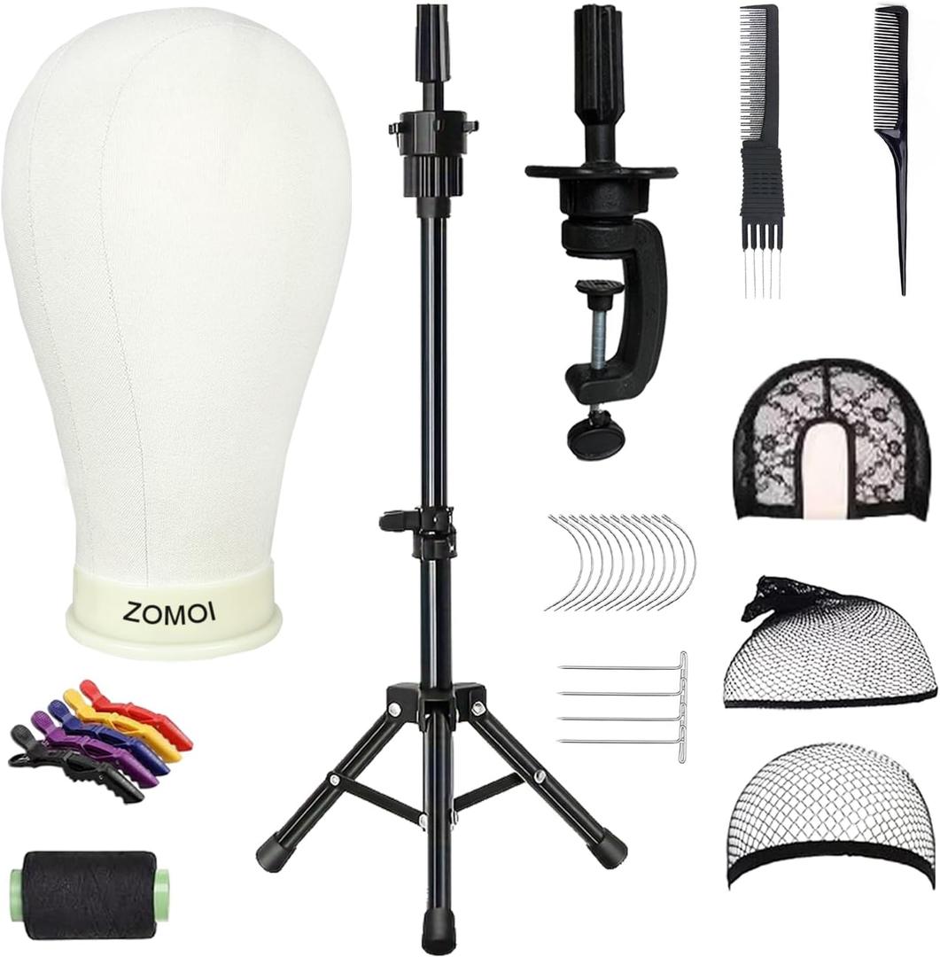 Wig Stand with Head, 22 Inch Canvas Wig Head with Stand for Wigs, Canvas Mannequin Head, Manikin Head Block Set for Wigs Making Display with Wig caps, T Pins, C Bristle Brush