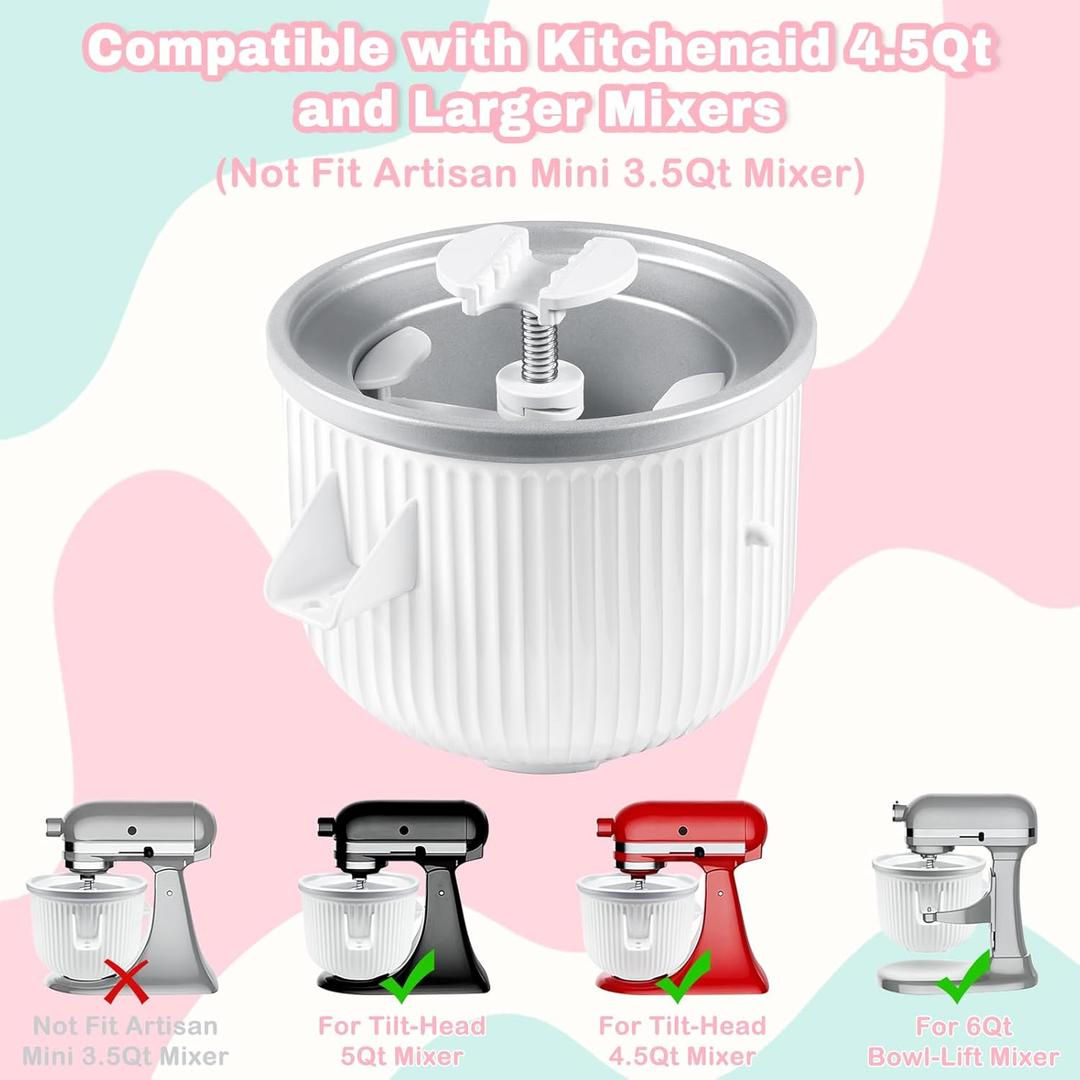 Ice Cream Maker Attachment for KitchenAid Stand Mixer, Compatible with KitchenAid 4.5/5QT/6QT accessories and attachments, 2 Quart for kitchenaid mixer attachments Frozen Yogurt/Gelato Maker