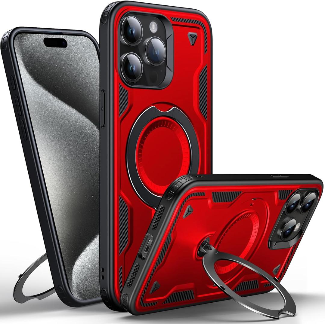 WYUIC Designed for iPhone 15 Pro Magnetic Case, Compatible with Magsafe, 10ft Drop Test Hard Rugged, 360 Rotating Ring Kickstand Heavy Duty Shockproof Protection Phone Case iPhone 15 Pro Cover, Red