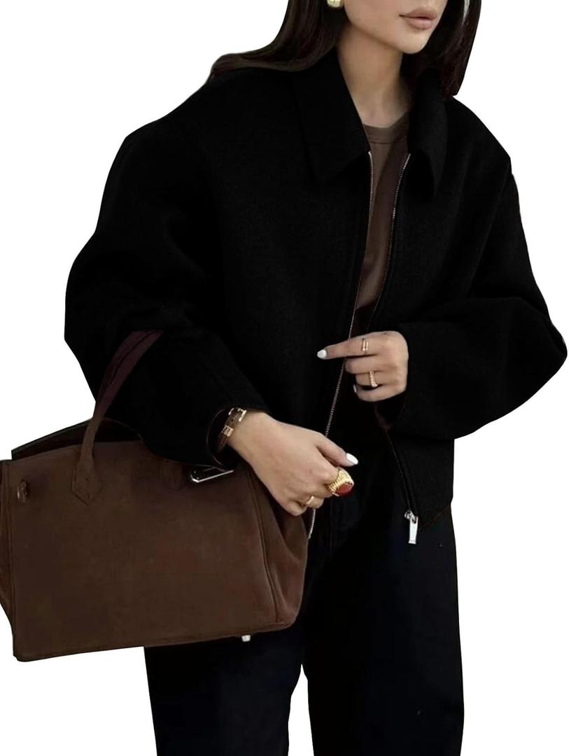 Womens Cropped Wool Jacket Plain Zipper Short Pea Coats Fall Winter Trendy Tweed Jackets 2025 (Medium, Black)