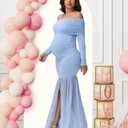 Maternity Long Sleeve Off Shoulder Baby Shower Dress Party Mesh Paneled Split Maxi Photography Gown for Photoshoot (Blue, M)