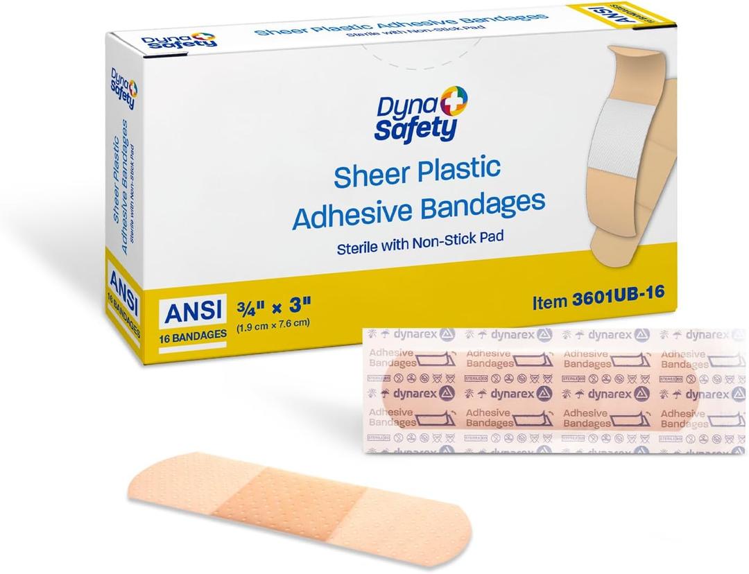 3 x Dynarex Sheer Plastic Adhesive Bandages Water-Resistant and Sterile Non-Stick Pad First Aid Covers Minor Cuts Scratches - 3/4" x 3", 1 Box of 16, 0.75" x 3"