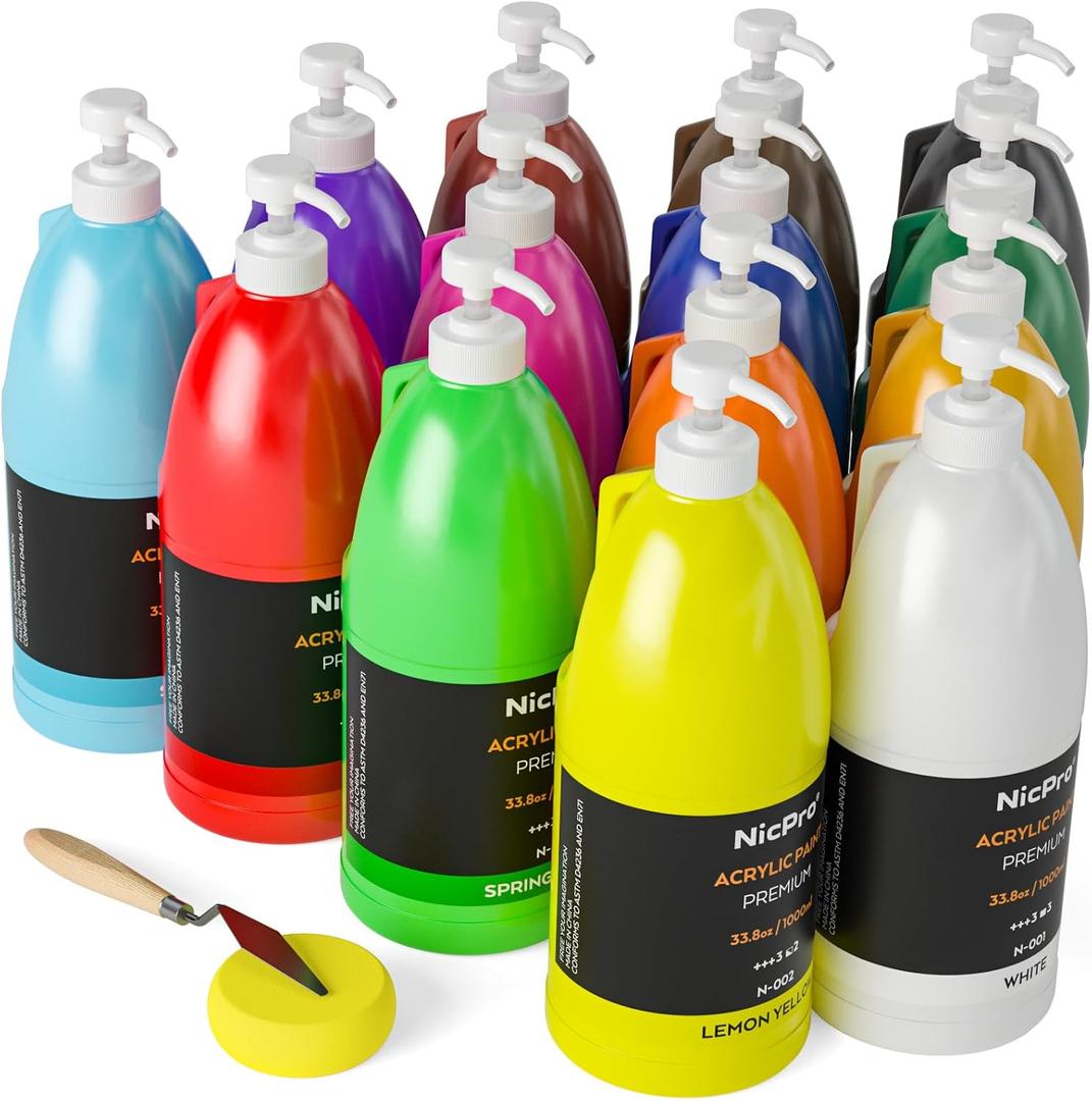 Nicpro 14 Colors Large Bulk Acrylic Paint Set (33.8 oz, 1000 ml) Rich Art Painting Supplies, Non Toxic for Multi Surface Canvas Wood Leather Fabric Stone Craft, for Kid & Adult with Pump, Color Wheel, 33.8 Fl Oz