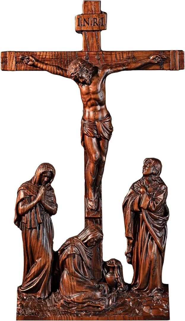 BGCOPPER Standing Crucifix Wall Cross, INRI Jesus Cross for Wall, Handmade Wooden Cross Wall Decor for Home Christmas Gift - 10 Inch