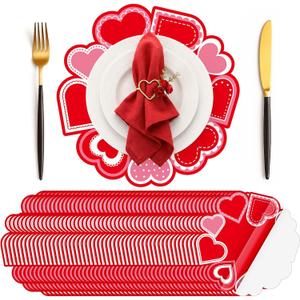 50 Pcs Valentines Round Red Heart Place Mats Pink Disposable Paper Table Mats Bulk Seasonal Valentine Decor for Valentines Anniversary Marriage Proposals Home Party Dining, 12.9 Inch