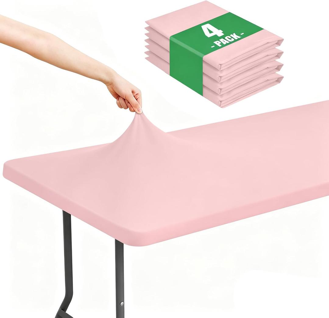 Moosfor Spandex 8 Foot Rectangle Table Cloth 4 Pack, Elastic Fitted Tablecloths for Picnic, Stretch Washable Patio Table Cover for Outdoor, Camping, Banquet and Parties (Pink, 30"x96")