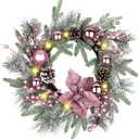 20" Christmas Wreaths for Front Door, Artificial Christmas Wreath Decoration with Lights, Winter Wreaths with Pine Cones,Bow,Balls Ornaments for Indoor Outdoor Home Decor (Pink)