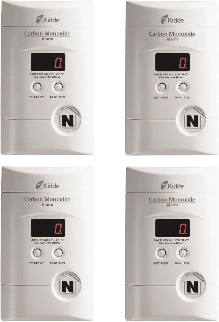 Kidde Carbon Monoxide Detector, Plug In Wall with 9-Volt Battery Backup, Digital LED Display - 4 Pack (White), EXP: 10 Years After Instalation