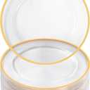 Goodluck 12 Inch Charger Plates, 50 Pack Clear Charger Plates with Gold Trim, Plastic Charger Plate Bulk for Dinner, Wedding, Party, Event Decoration, Clear & Gold