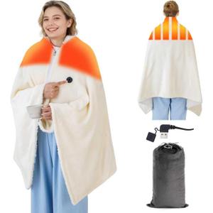 USB Heated Blanket for Keeping Warm, Cordless Wearable Throw with 3 Heat Levels, Battery Operated(No Power Bank Included) Shawl for Outdoor Use(White)